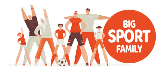 Big sport family. Dad, mother, son and daughter lead a healthy lifestyle and are engaged in fitness and sports. Vector illustration in a flat style