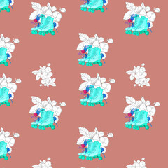 watercolor illustration seamless pattern roller skates and  simple white contour flowers