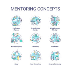 Mentoring concept icons set. Personal and professional growth idea thin line RGB color illustrations. Skills development help, knowledge sharing. Vector isolated outline drawings. Editable stroke