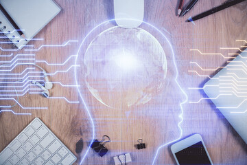 Double exposure of brain drawing over work table desktop. Top view. Global data analysis concept.