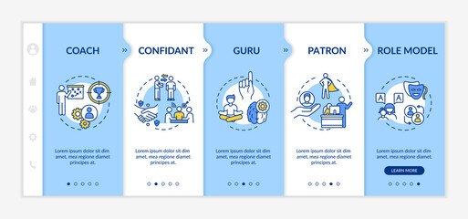 Role model types onboarding vector template. Confidant to work in team. Coach for personal mentoring. Responsive mobile website with icons. Webpage walkthrough step screens. RGB color concept