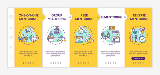 Mentorship types onboarding vector template. Education system. Learning in group. One on one mentoring. Responsive mobile website with icons. Webpage walkthrough step screens. RGB color concept