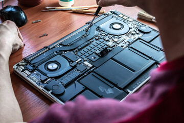 Engineer technician man upgrade and maintenance digital pc. Solutions services electronic hardware....