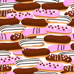 Eclairs with chocolate, pink and white glazes are tightly stacked on top of each other. Seamless pattern. Vector realistic drawing.