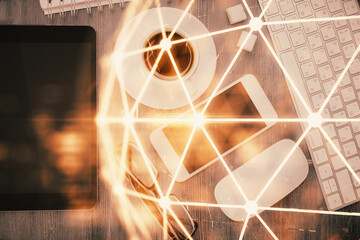 Double exposure of social network theme drawing over table with phone. Top view. People connecting concept.