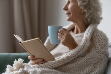 Close up of dreamy elderly woman relax on couch in living room, drink tea read book novel on...