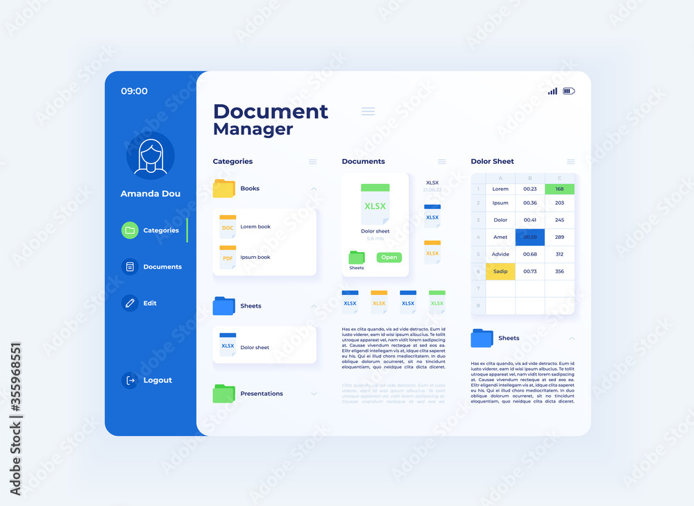 Poster Share document tablet interface vector template. Mobile app page day mode design layout. Data storage library screen. Flat UI for application. File management. Portable device display