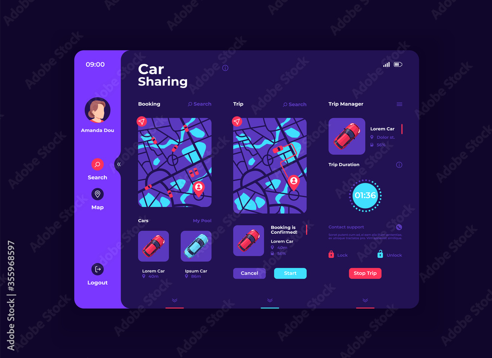 Canvas Prints car sharing tablet interface vector template. mobile app page night mode design layout. collective r