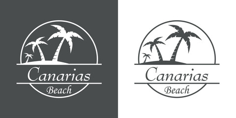 Símbolo destino de vacaciones. Icono plano texto Canarias Beach en círculo con playa y palmeras en fondo gris y fondo blanco