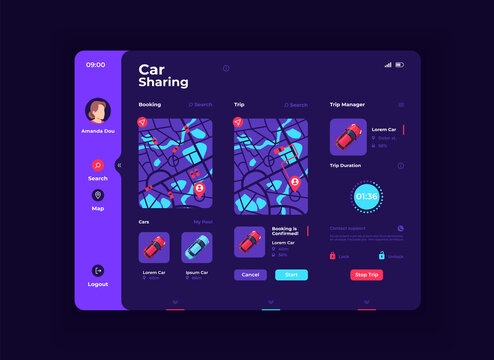 Car sharing tablet interface vector template. Mobile app page night mode design layout. Collective ride vehicle screen. Flat UI for application. Taxi service. Portable device display