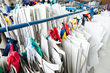 Clothing pattern. Fabric industry production line. Textile factory.