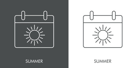Concepto de vacaciones y viajes. Icono plano lineal calendario con sol con palabra SUMMER en fondo gris y fondo blanco