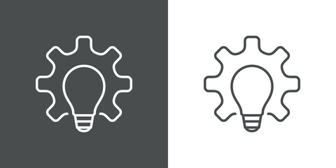 Icono plano lineal engranaje con bombilla en fondo gris y fondo blanco © teracreonte