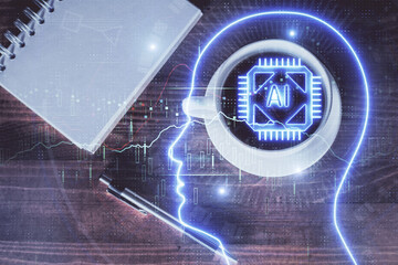 Double exposure of brain sketch and table top veiw. Concept of data analysis.