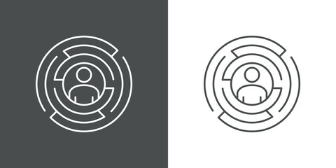 Concepto resolución de problemas. Icono plano lineal hombre en laberinto en forma de círculo en fondo gris y fondo blanco