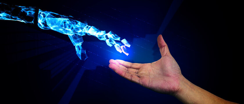 Abstract blur robot ai hand hold 3D virus butterfly illustration digital innovation futuristic technology transform evolution New normal after coronavirus crisis management business world life change