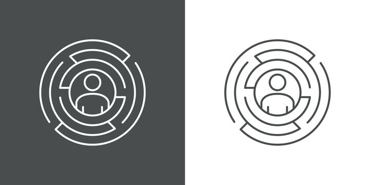 Concepto resoluci&oacute;n de problemas. Icono plano lineal hombre en laberinto en forma de c&iacute;rculo en fondo gris y fondo blanco