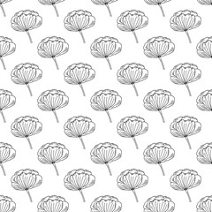 Black and white seamless pattern witn poppy flowers. Floral doodle background. Hand drawing flowers vector illustrarion.