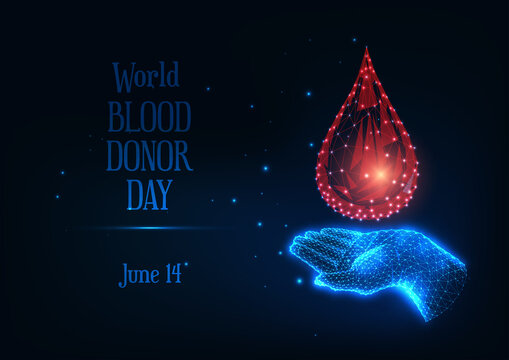 Futuristic world blood donor day banner with glowing low polygonal human hand holding blood drop