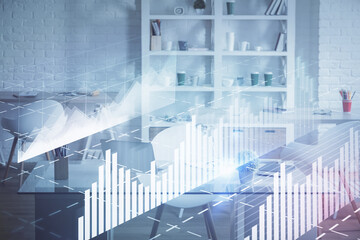 Double exposure of financial graph drawing and office interior background. Concept of stock market.