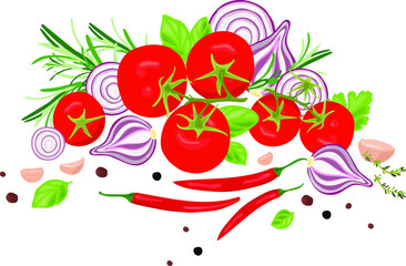 Still life of fresh bright vegetables: tomatoes, garlic, red onions, hot chili peppers, herbs and spices on a white background. Vector hand-drawn realistic drawing.