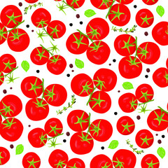 Pattern on a white background of bright ripe tomatoes on a branch, herbs and spices. Vector realistic hand drawing. The concept of healthy eating, vegetarianism, weight loss.
