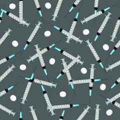 A lot of thin syringes with a needle and white tablets on a gray background. Seamless pattern on a medical topic. Vector drawing.