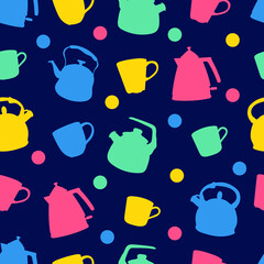 Seamless pattern of yellow, red, green, blue silhouettes of teapots on a dark blue background. The concept of rest and relaxation. Vector hand drawing.