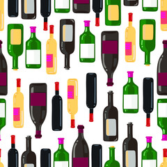 Various colored bottles of alcohol on a white background. Seamless pattern. Vector drawing of manual work.