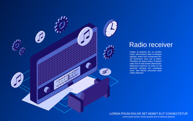 Radio receiver, broadcasting flat isometric vector concept illustration