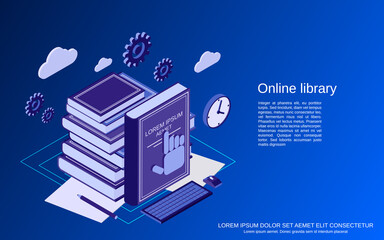 Online library, education, reading flat isometric vector concept illustration