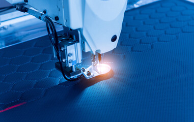 Fabric industry production line. Textile factory. Working tailoring process