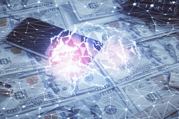 Double exposure of brain drawing over us dollars bill background. Technology concept.