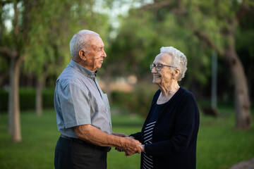Elderly couple holding hands at the park
