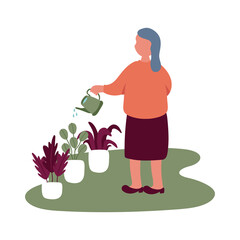 eldery woman care plants in home activity free form style