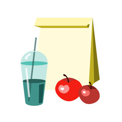 Lunchbox icon. Flat illustration of lunch in paper bag with juice and apples, vector icon for web