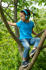 Naklejka na ściany i meble little boy listening to music on headphones while sitting on a tree branch in the garden on a sunny summer vacation day