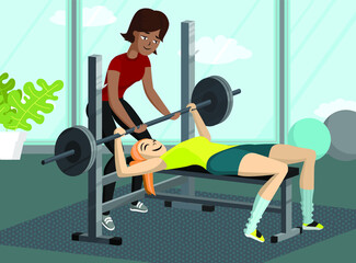 Flat illustration depicting a girl with a trainer performing a bench press lying. Training takes place in the gym, the atmosphere is positive. Template for advertising, banner.
