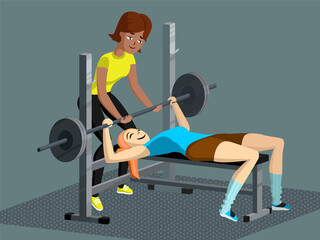 Flat illustration depicting a girl with a trainer performing a bench press lying. Training takes place in the gym, the atmosphere is positive. Template for advertising, banner.