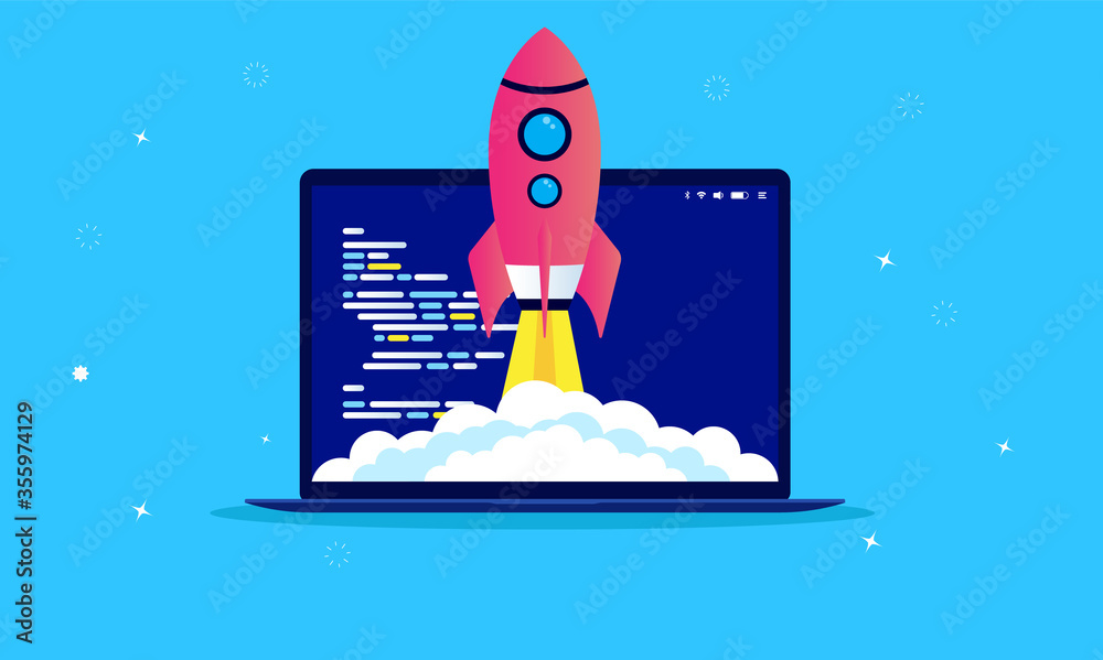 Fototapete Fast development - Rocket ship flying up from laptop computer with code on screen. Symbolising speed and launch of website. Vector illustration.