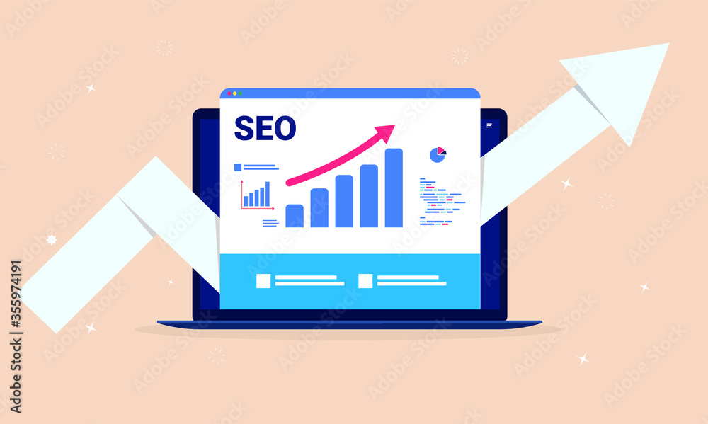 Leinwandbilder seo optimisation - laptop computer with search engine performance tools, rising graph and big arrow 