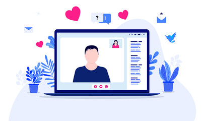 Online dating man - Laptop computer with video call showing a male person on screen with text chat in right margin. Vector illustration.