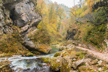 Trail scenes from Vintgar gorge in the Fall in Slovenia