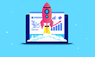Website speed optimisation - Laptop with webpage and analytic tools on screen. Rocket flying up symbolising fast launch. SEOm performance and web development concept. Vector illustration. - obrazy, fototapety, plakaty