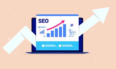 SEO optimisation - Laptop computer with search engine performance tools, rising graph and big arrow pointing upwards. Performance marketing, analytics and search engine ranking concept. Vector.