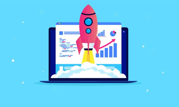 Website speed optimisation - Laptop with webpage and analytic tools on screen. Rocket flying up symbolising fast launch. SEOm performance and web development concept. Vector illustration.