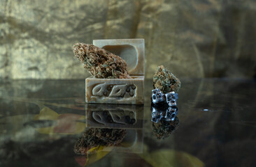 Flor de cannabis, cogollo de marihuana, legalizar, reflejos cristal, horizontal, fondo de pantalla, anillo pirata.