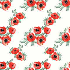 Seamless delicate pattern of poppy bouquets. Summer flowers. Floral diagonal seamless background for textile or book covers, manufacturing,