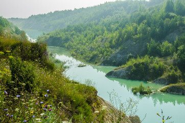 Turquoise water of the river flowing into the gorge at the foot of chalk hills overgrown with deep green plants and flowers