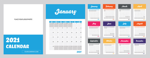 2021 Modern Calendar. Template to Apply Company's Logo & Website. Week Starts on Sunday. Set of 12 Months and Cover Page. Vector Illustration.